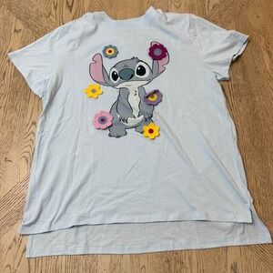 Disney Women's Size Medium Stitch Light Blue T-Shirt with‎ Crochet Flowers